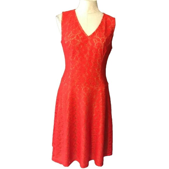 Kasper Dress Orange Red Beige 8 Salsa Nude Lace Stretch Church Career NWT NEW - Picture 1 of 4